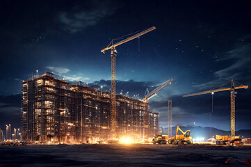 Backdrop for industrial style. Building construction site with cranes and light flare at night time background. Concept of architecture and construction. Copy space