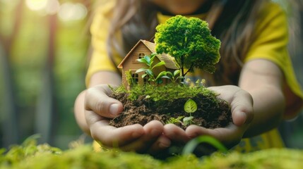 Sustainable living concept,showcasing a family embracing a harmonious lifestyle in connection with nature The hands gently hold a miniature house surrounded by lush