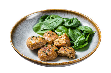 Wall Mural -  Fish Cakes or Fish balls with tuna and spinach in a plate.  Isolated, Transparent background.