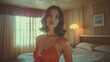 An analog style photo capturing a gorgeous woman in various poses within an old motel room, evoking the aesthetic of classic American films