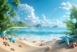 Fototapeta Przestrzenne - Drawing of a sun in the sand of a beach, summer vacations travel panoramic background