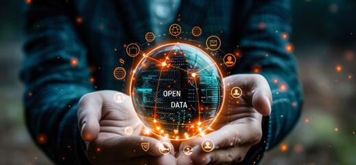 Poster - Open data concept displayed through glowing sphere with interconnected icons, representing the potential and accessibility of open data and its integration with various applications