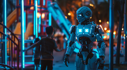 Child and robot interacting at a playground with futuristic blue nighttime lighting,ai generated