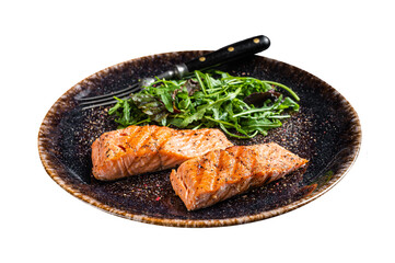 Sticker - BBQ vegetarian dinner -  grilled salmon fillets steaks on plate with salad.  Isolated, Transparent background.