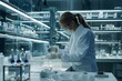 Female scientist works in a modern laboratory. AI generative