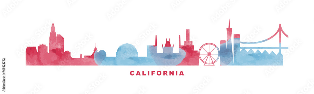 USA California state watercolor skyline with cities panorama. Vector ...