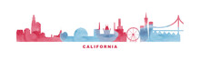 USA California State Watercolor Skyline With Cities Panorama. Vector Flat Banner, Logo For America Region. Los Angeles, San Francisco, San Diego Silhouette Footer, Steamer, Header. Isolated Graphic