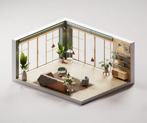 Poster - Isometric view living room muji style open inside interior architecture 3d rendering	
