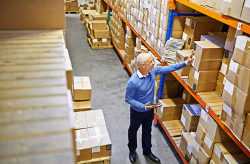 Poster - Tablet, box or top view of man in warehouse for delivery order, storage or stock in factory for website. Printing, mature manager or supply chain inspection for cargo, package or wholesale shipping
