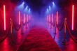 Red carpet and velvet ropes on the sides of an event entrance with spotlights creating dramatic lighting. Elegant background for red carpet events, celebrity vibe