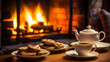 Warm Coffee and Fresh Cookies by the Fireplace, Relaxing Home Atmosphere, Comforting Holiday Leisure Scene, Cozy Winter Evening