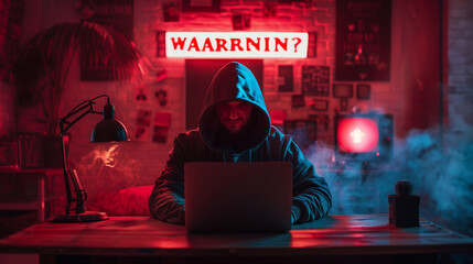 Poster - A man is sitting at a desk with a laptop in front of him