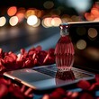 A vibrant red bottle rests on top of an open laptop computer, creating a striking contrast of colors.