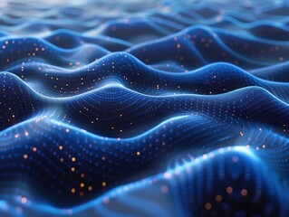 Leinwandbilder - Blue abstract background with waves and dots created using computer graphics.