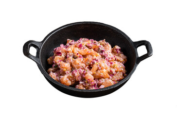 Wall Mural - Tartar or tartare with salmon fish, red onion, arugula and capers in a pan.  Isolated, Transparent background.