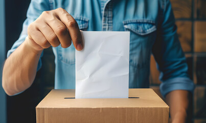 Wall Mural - closeup a man hand holding vote paper insert in box, Generative AI