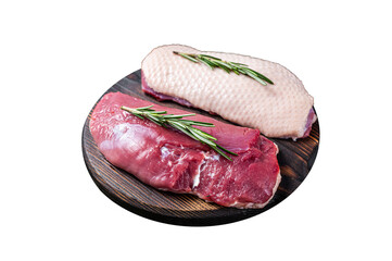 Wall Mural - Raw Duck breast  fillet steaks on wooden cutting board with rosemary Isolated, Transparent background.