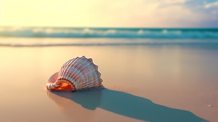 Wall Mural - Conch shells lying on the beach at sunset