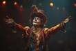 Smiling clown in a colorful costume and hat performing in a circus