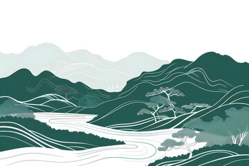 Sticker - Japanese line illustration of  mountains landscape on a white background 