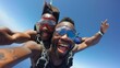 Two man Share the joy of a successful skydiving adventure with a mid-air selfie, capturing the adrenaline rush