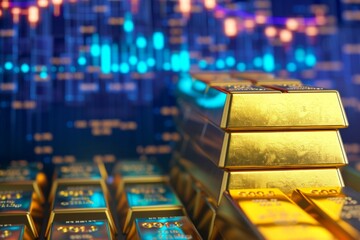 Wall Mural - Stacks of gold coins and gold bars on a financial chart with candlestick patterns indicating market trends.