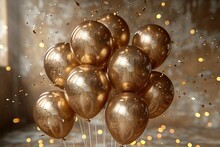 Gold Festive Balloons 13 Year Anniversary With Golden Confetti, Presents, Mirror Ball And Stars Fly On A Beige Background With Bokeh Lights And Sparks. 