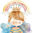 A dreamy child with crown, prince boy serene watercolor flowers and clouds, magical nursery illustration