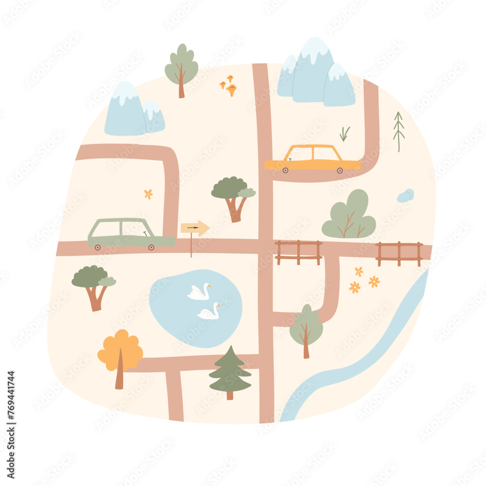 Kids city map. Vector illustration of a city map with cars, mountains ...