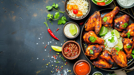 Wall Mural - Tandoori chicken wings with spicy pilau rice, lime and traditional assortment sauces. Generative Ai
