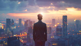 Fototapeta  - Silhouette of a businessperson looking out over city skyline at dawn, conceptualizing new beginnings