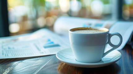 Morning routine with a coffee cup and financial newspaper, implying daily economic updates