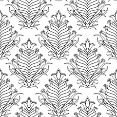 Wall Mural - Seamless black outlined modern Damask pattern on a white background. Monochrome folk floral abstract repeat background.