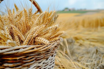 Wall Mural - basket filled with fresh wheat ears on a field edge