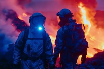 Wall Mural - Two people in hazmat suits standing in front of a fire. Generative AI.