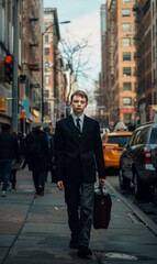 Canvas Print - A man in a suit and tie walking down a city street. Generative AI.