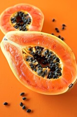 Wall Mural - A slice of orange fruit with black seeds on a table