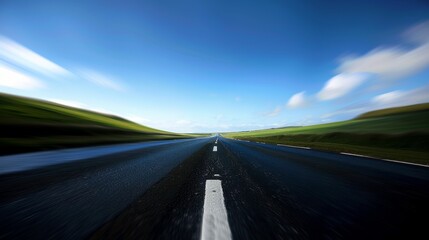 A blurry shot of a road with a blue sky in the background