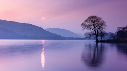 Wall Mural - A serene twilight scene over Lake Windermere in the beautiful lake district, with a purple sky