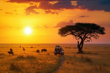 A safari adventure with wildlife, open savannah, and a setting sun. AI generative