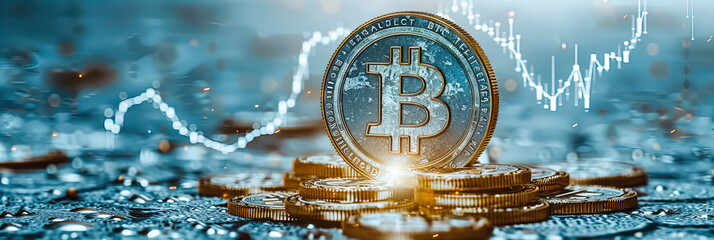 Digital Currency and Finance Concept, Golden Bitcoin on Circuit Board, Cryptocurrency Technology Background