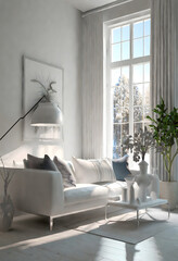 Wall Mural - White room with sofa. Scandinavian interior design. 3D illustration. Generative AI.