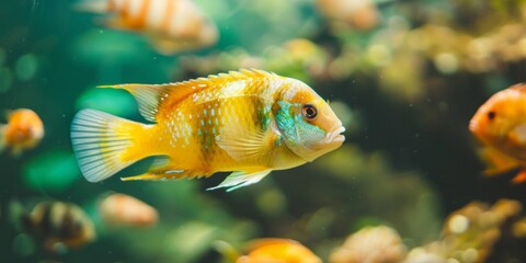 Wall Mural - A close-up of a vibrant fish swimming in murky orange water