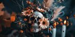 A skull adorned with flowers is surrounded by candles in a Halloween floral arrangement