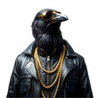 a black bird with a gold key on it