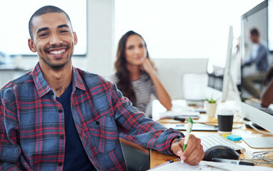 Sticker - Happy, coworking and portrait of man in office with people for creative project in Brazil company. Excited, employee and person smile for collaboration with productivity or planning teamwork in notes