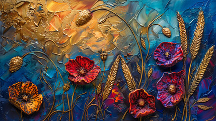 Wall Mural - Abstract background with beautiful flowers and a wheat field, oil painting in the style of palette knife, impasto, 3D effect, orange, blue, white, and golden colors, ultra detailed