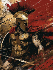 Wall Mural - Spartan warrior fighting at the battle. In the style of gritty horror comics, dark red and gold. 