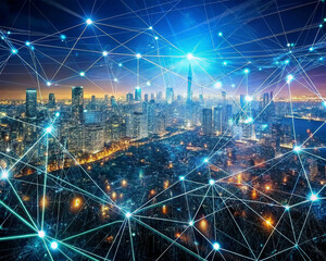 Wall Mural - modern cityscape and network connection concept. 3d rendering double exposure