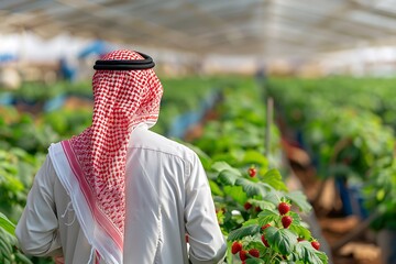 A arabic man wearing a Saudi bisht, white traditional shirt, harvesting strawberry in the greenhouse.